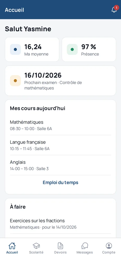 Écran d'accueil de l'espace élève de l'application iStudy