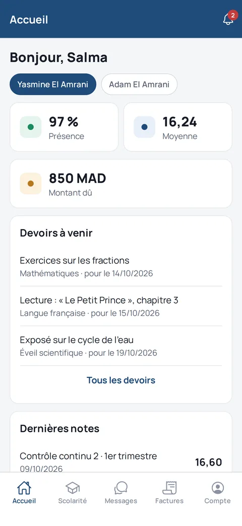 Écran d'accueil de l'espace parent de l'application iStudy : présence, moyenne, montant dû et devoirs à venir
